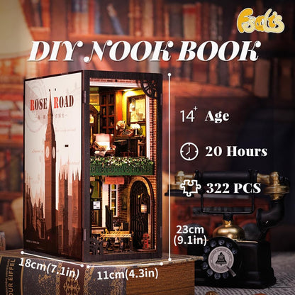 Fsolis Book Nook Kit, 3D Wooden Puzzle for Adult DIY Miniature Kit Decorative Bookend Bookshelf Bookcase Decor Gifts for Women Readers Book Lovers(Rose Detective Agency)