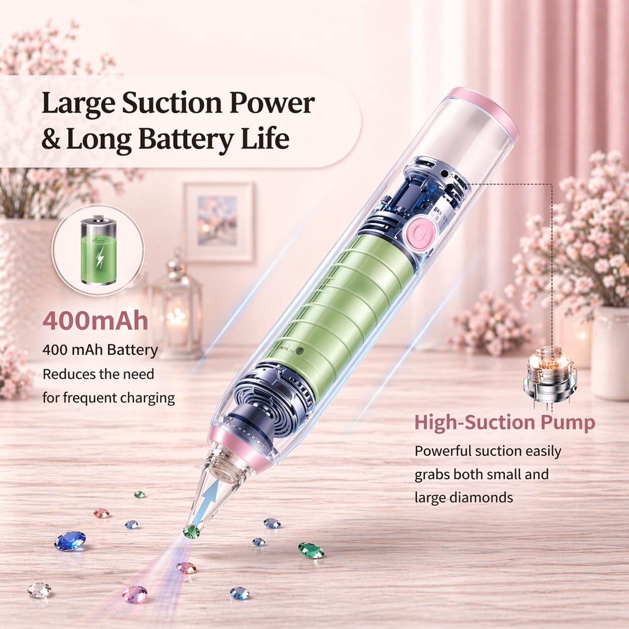 HAUTLENCE Electric Diamond Art Pen, Vacuum Diamond Painting Pen, Rechargeable Wax-Free Diamond Art Tools Kit with 3-Speed Adjustable Suction, Low Noise, Includes 6 Feather Bookmarks
