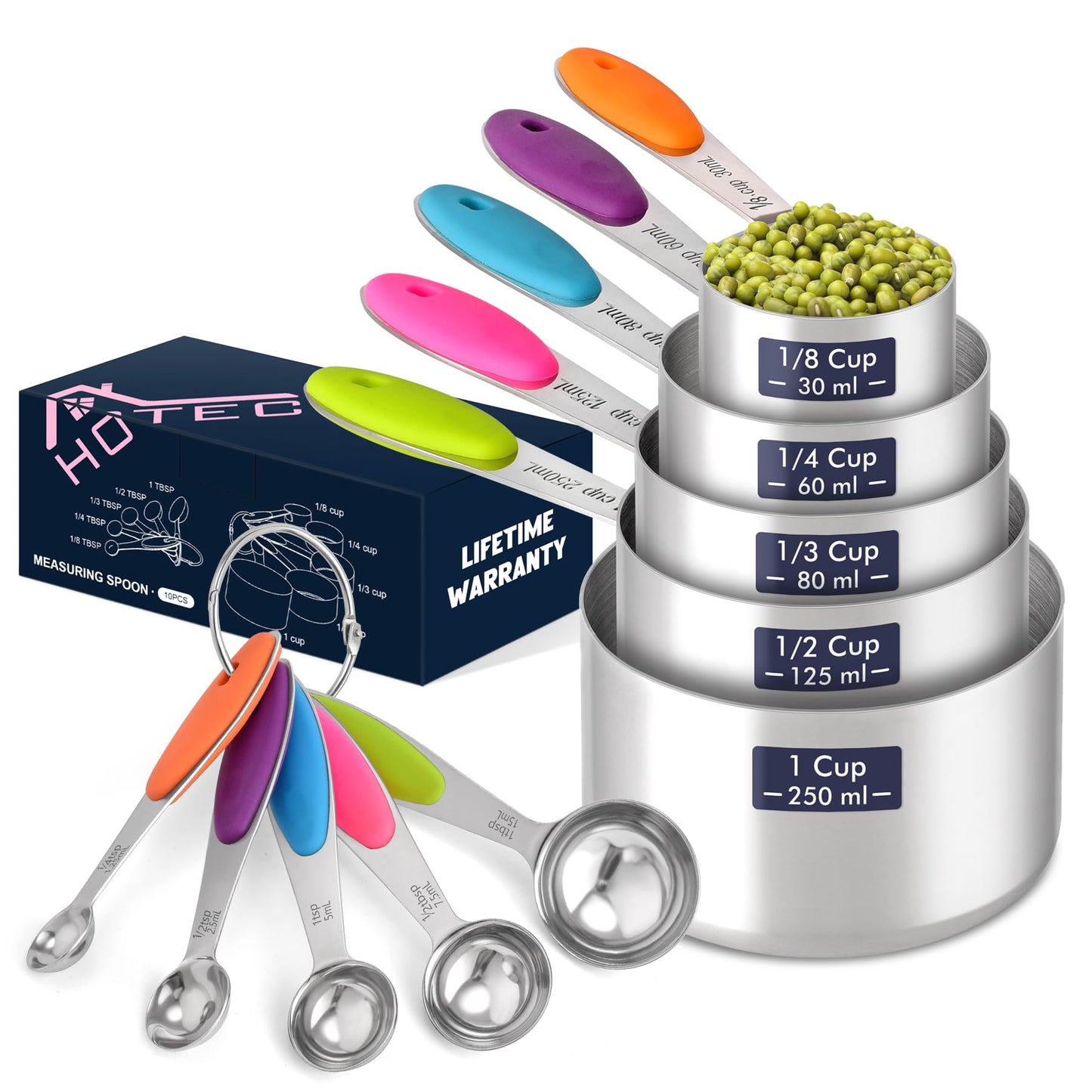 HOTEC 10-Pack Measuring Cups &Spoons Set, Kitchen Gadagets Cooking Baking, Measuring Spoons, Heavy Duty & Dishwasher Safe for Dry and Liquid Ingredients, Multicolor