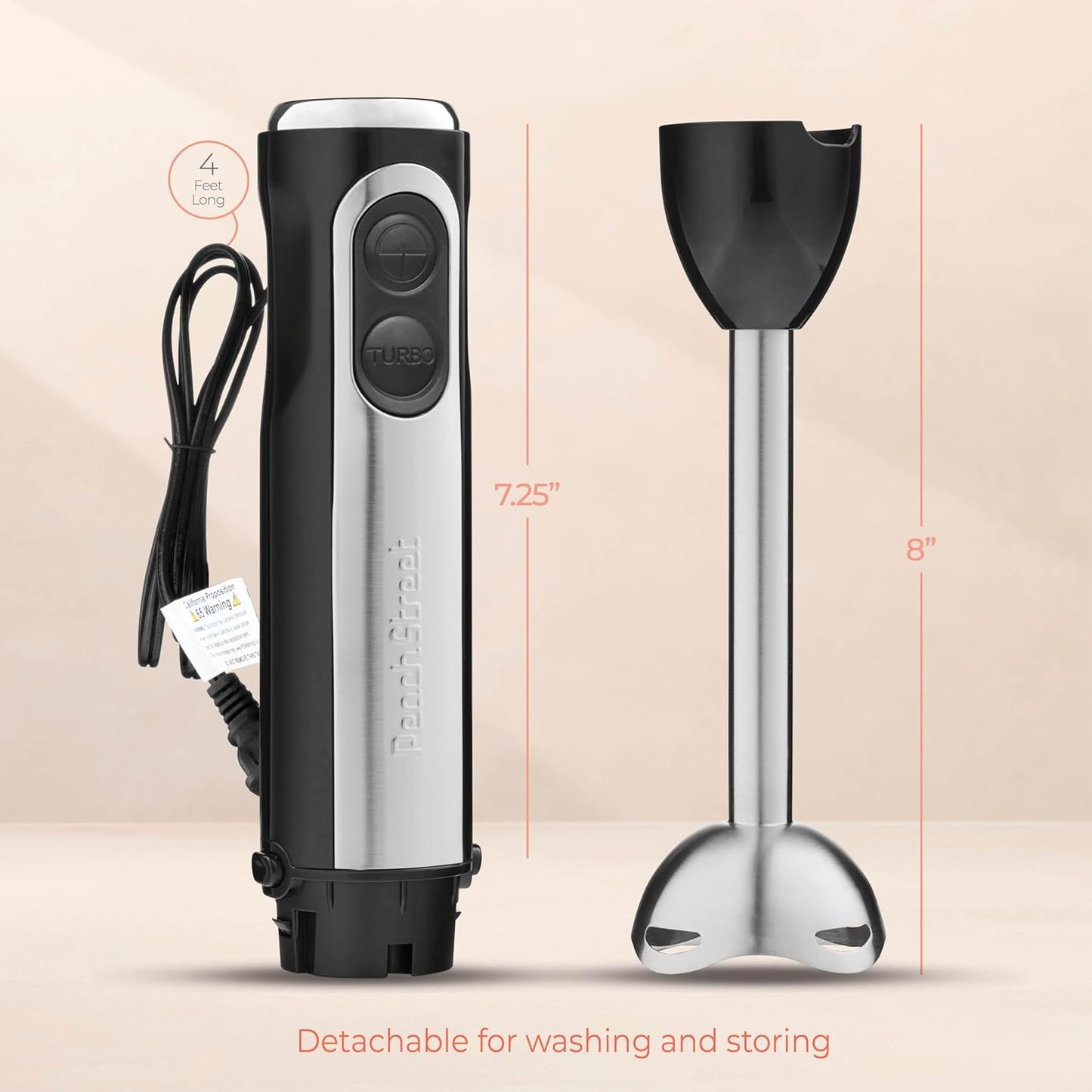 Powerful 500 Watt Immersion Blender, Electric Hand Blender with Turbo Mode, Detachable Base for Smoothies and Puree