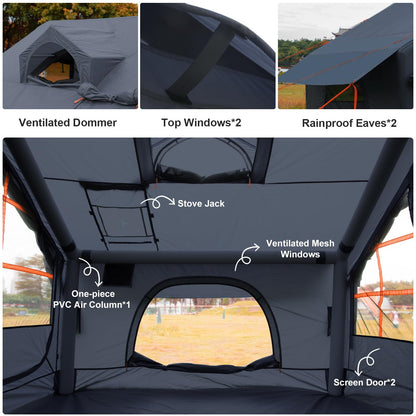 Inflatable Tents for Camping with Stove Jack, Electric Pump Blow Up Tent with Large Removable Tarps,Easy Setup Air Tent House, Waterproof Inflatable Hot Tent for Camping