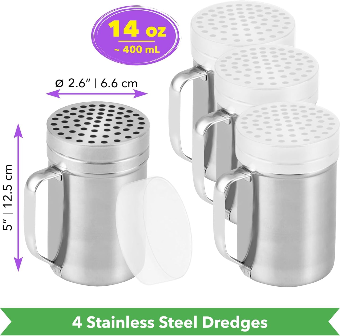 14oz Pack 4 CUSINIUM Metal Parmesan Cheese Shakers with Large Holes - With Handle - Chili Flakes Dispensers - Pizza