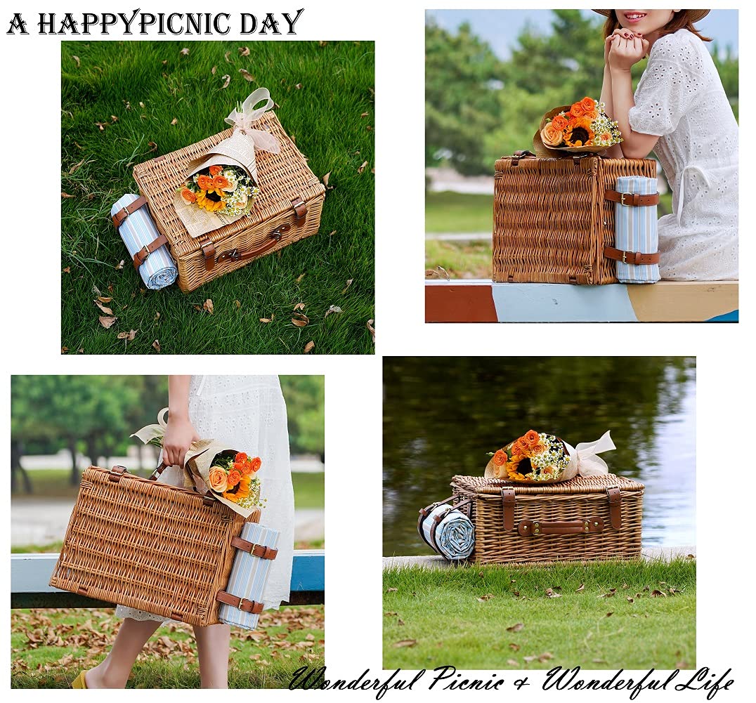 HappyPicnic Wicker Picnic Basket Set for 4 Persons | Large Willow Hamper with Large Insulated Cooler Compartment, Waterproof Blanket and Cutlery Service Kit-Classical Brown