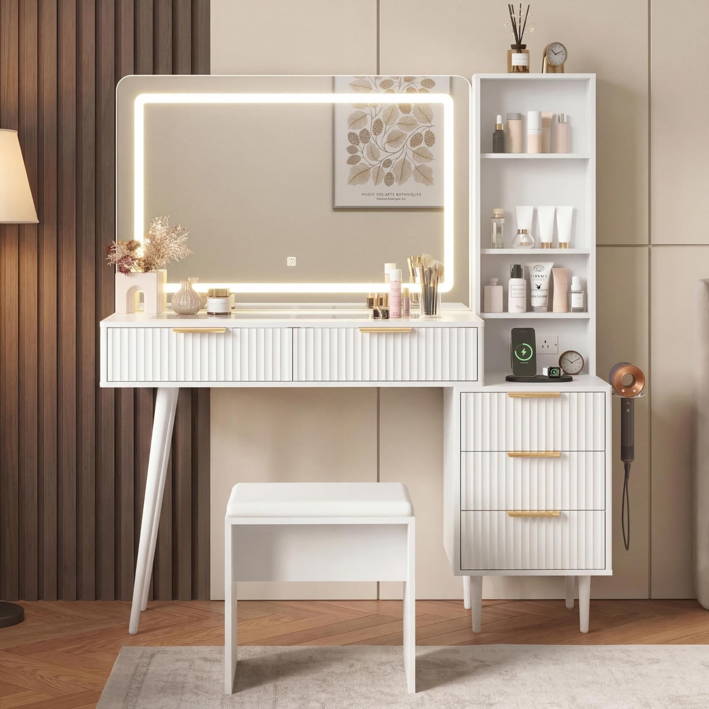 GarveeHome Fluted Vanity Desk with Mirror and Lights, 48" Large Makeup Vanity with Glass Top, 3 Modes LED Lighting with Adjustable Brightness, Dressing Table with Charging Station and Stool, White