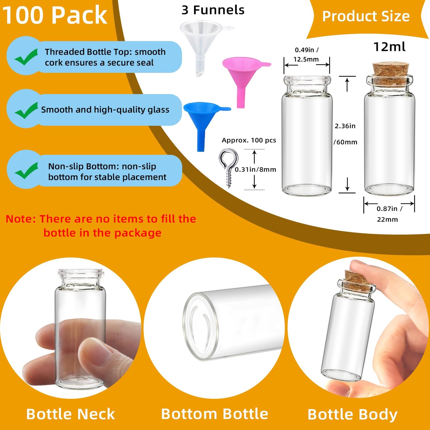 100Pcs 12ml Mini Glass Bottles with Cork Stoppers - Small Clear Vials for DIY Crafts, Wedding Favors, Halloween Decor, Wishing Spell Jars, Includes Funnel-(22 * 60 mm)