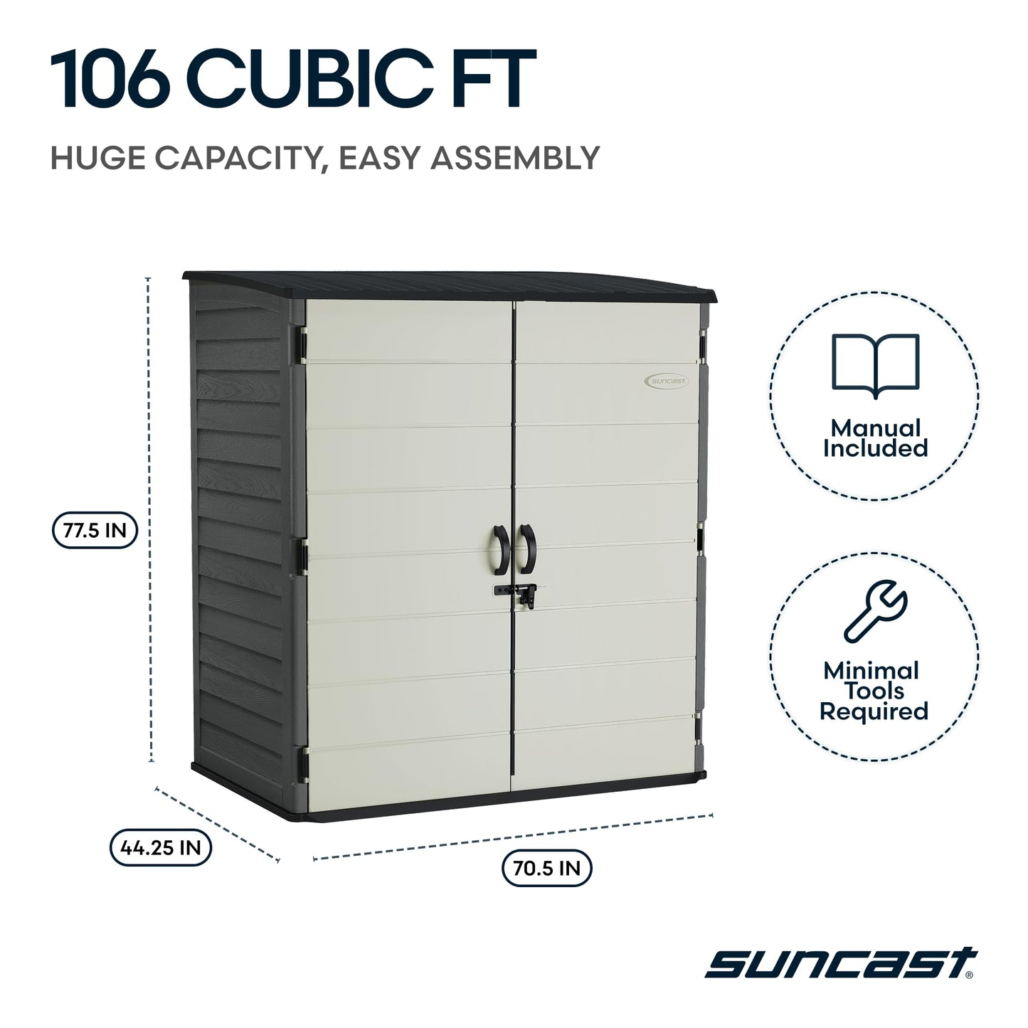 Suncast 106 Cu Ft Extra Large Vertical Outdoor Storage Shed - Resin Shed & Outdoor Storage with Floor and Lockable Double Doors, Weatherproof for Garden Tools, Pool Equipment, & Patio Cushions