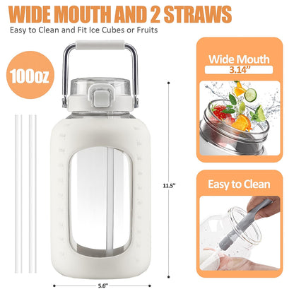 WINSA Large Glass Water Bottles with Stainless Steel Handle,100 oz Gallon Drinking Bottle with 2-in-1 Straw Lid,3 Liter Glass Water Jug with Silicone Sleeve,Wide Mouth,White