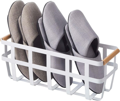 Storage Basket - Home Organizer Bin Holder with Wooden Handle - Steel + Wood - Small White