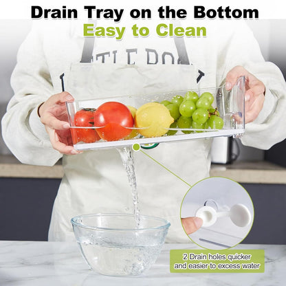 Brippo 4-Pack Refrigerator Drawer Organizer Bins, Clear Stackable Pull Out Fridge Organizers and Storage Container, with Strainer Layer for Fruits, Vegetables, Drinks, Snack and Food