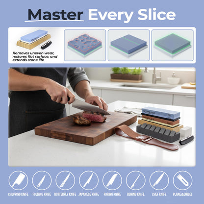 Premium Knife Sharpening Stone Set – Dual Grit Whetstones (400/1000 & 3000/8000), Leather Strop, Flattening Stone, Bamboo Base, Non-Slip Bases & Angle Guide for Kitchen, Chef & Hunting Knives