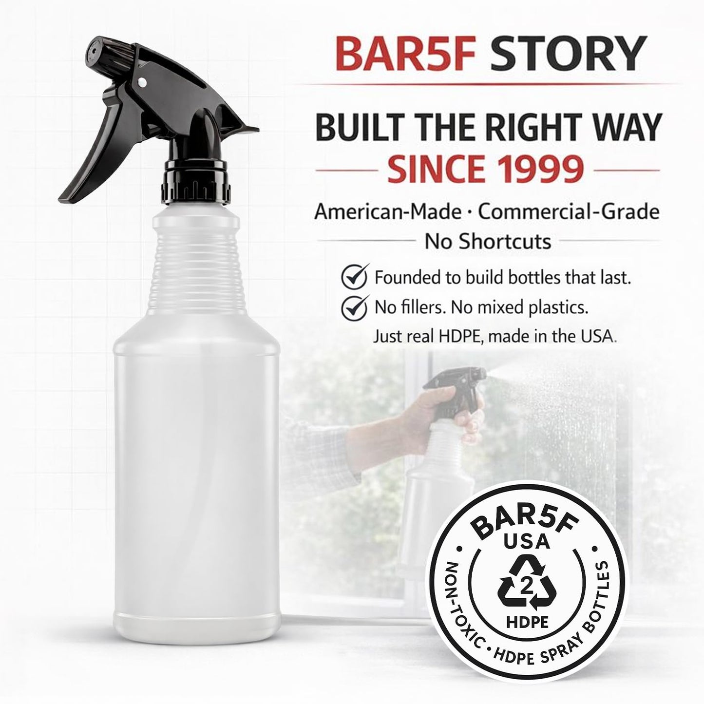 Bar5F Spray Bottles, 24oz, 3 Pack, Chemical-Resistant, BPA-Free, Compatible with Vinegar, Rubbing Alcohol, Cleaning Solutions, Non-Toxic HDPE Bottle for Plants, Pet, BBQ, Auto Detailing, Made in USA