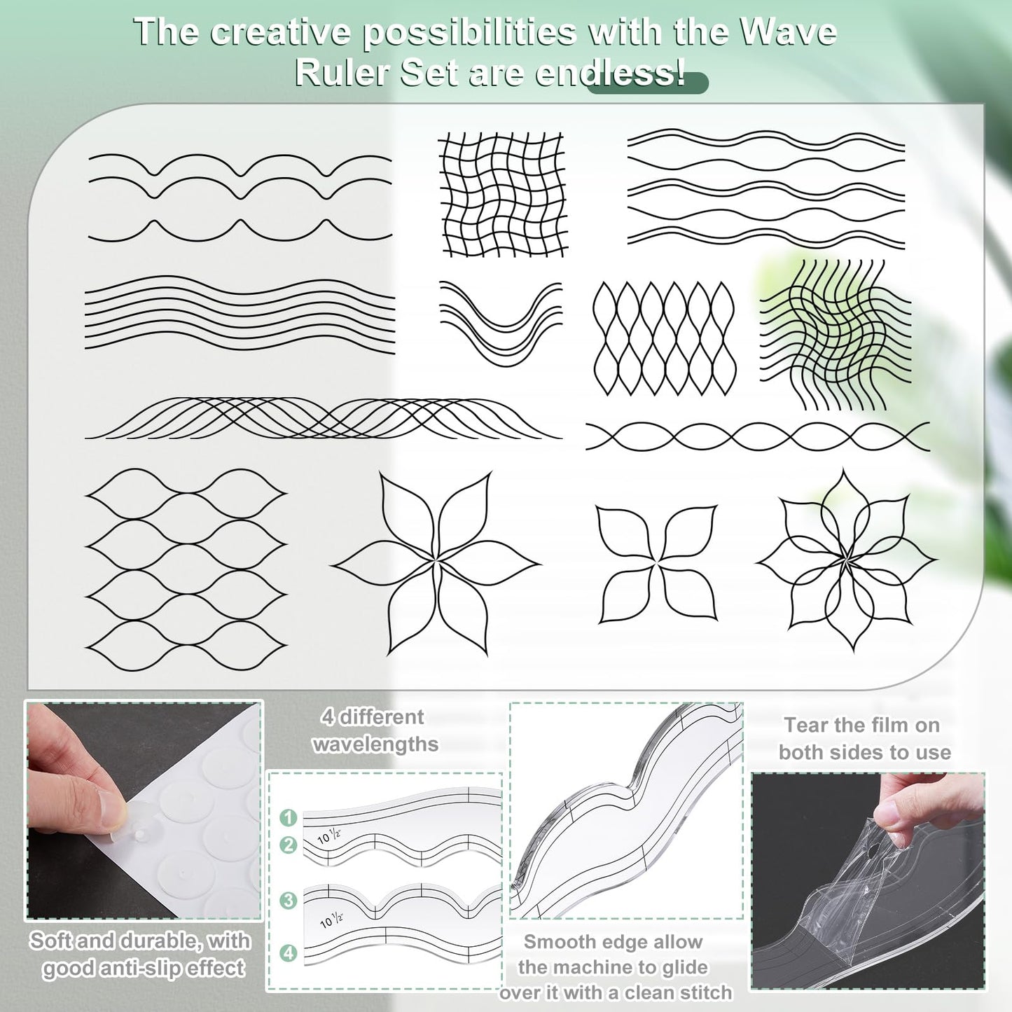 Kigley 2 Pcs Free Motion Quilting Templates Waves Acrylic Quilting Rulers for Machine Free Motion Sewing Stencils Patchwork Splicing with 48 Pcs Nonslip Grips(Gentle)