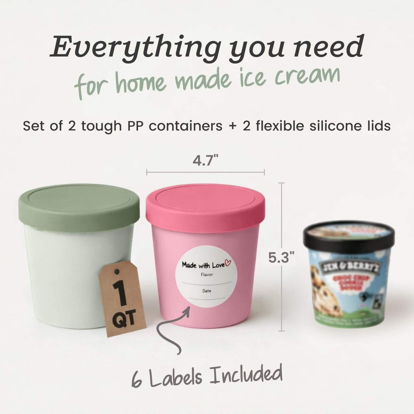 StarPack 'Freeze The Day' Homemade Ice Cream Containers (2-Pack, 1 Quart) - Airtight Silicone Lids, BPA-Free Reusable Ice Cream Freezer Containers with Lids, Stackable - Sage and Pink