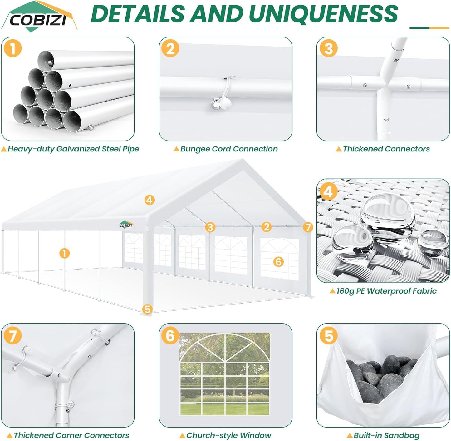 COBIZI 16x32FT Party Tent Heavy Duty White Event Shelter Outdoor Wedding Gazebo Canopy for Parties Carport BBQ Commercial with Removable Sidewall Windows, Powder Coating (Better Than Galvanized)