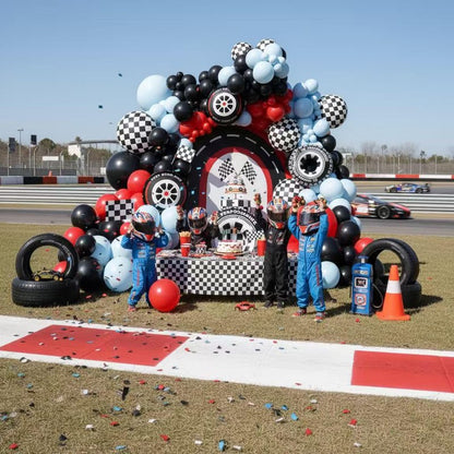 EICUECUE Race Car Balloon Arch Kit - 168Pcs Different Size Balloons Tire Flags Checkered Black Red Blue Balloon Garland Kit for Racing Car Two Fast 2nd Theme Boy Birthday Anniversary Party Decorations