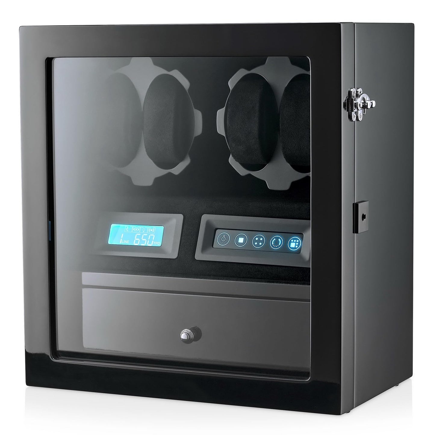 4 Watch Winder with 5 Watch Storage Space, LCD Display, Touch Control and Interior Light (Black + Black Velvet)