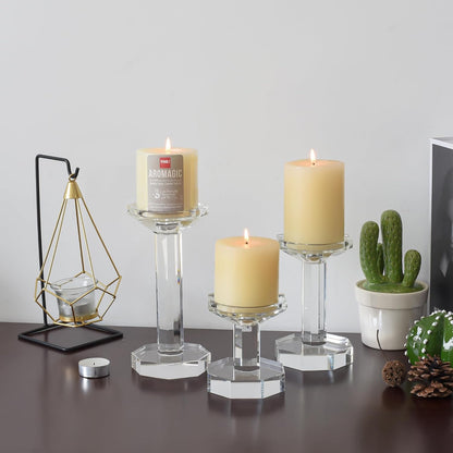 Skiennix Crystal Candlestick Holders - Set of 3 Clear Holders for Taper & Pillar Candles | Elegant Table Centerpieces (4''/6''/8'' Tall)