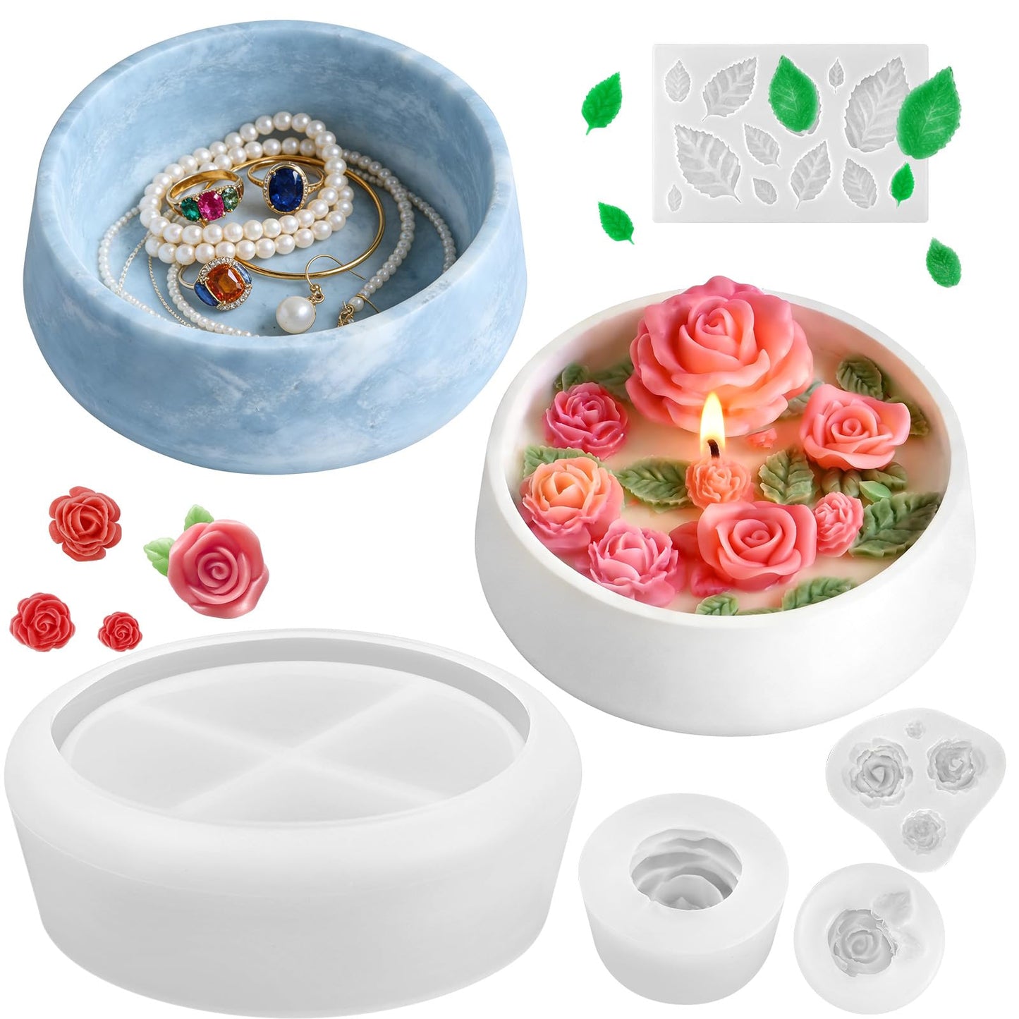 ZQYSING Rose Candle Molds, 5Pcs Rose Silicone Molds for Candle Making, Roses Flower Leaf Mold and Round Candle Vessel Mold Set for Scented Candles, Handmade Soap, Epoxy Resin Casting, Mom Gifts