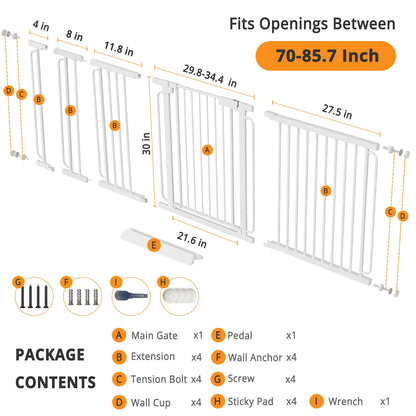 Extra Wide Baby Gate with Door 70-85.7 Inch Pressure Mounted, Auto Close Child Baby Gates for Doorways No Drill, Walk Through Dog Gate Indoor for The House, White