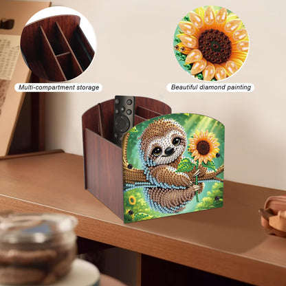 AiYuanzsh Diamond Painting Wooden Desk Organizer, Sloth with Sunflower Design DIY Diamond Art Storage Box for Tabletop Decoration, Crystal Rhinestones Art Desktop Ornament Kit for Adults