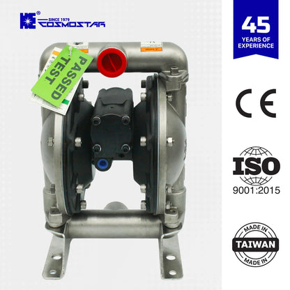 COSMOSTAR D0306 1" Stainless Steel Double Air Diaphragm Pump, Aluminum Body, Teflon Ball, seat and Diaphragm, Pump Muffler, Pump, Chemical Pump, Waste Oil Pump, Pneumatic Oil Pump, Diaphragm Pumps