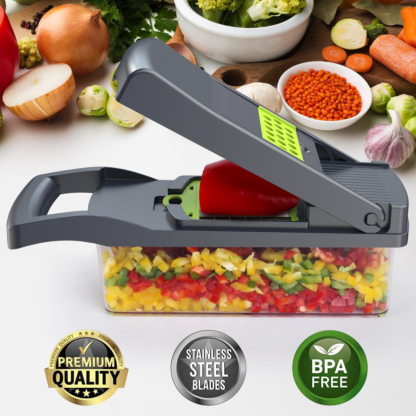 Putsea Vegetable Chopper Pro, Mandoline Slicer – 7 Stainless Steel Blades for Onion, Potato, Salad – Safe, Easy Clean & Dishwasher Safe Kitchen Gadget – Ideal for Parents, RV