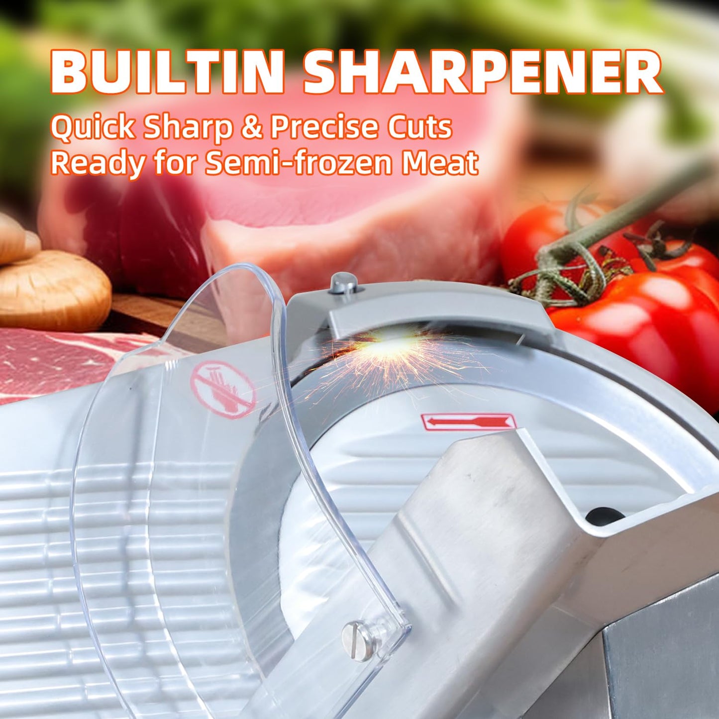 CHEF KEY Commercial Meat Slicer, 10 inch 240W Frozen Meat & Deli Slicer, Premium Carbon Steel Blade & Built-in Sharpener, 0-0.47 inch Adjustable, Semi-Auto for Commercial and Home Use