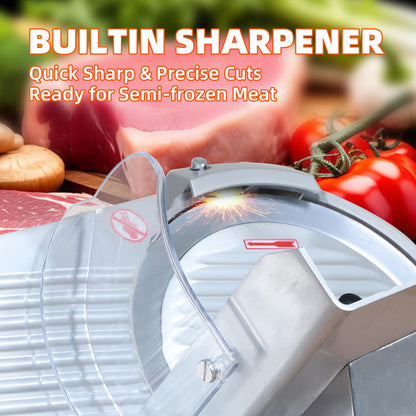 CHEF KEY Commercial Meat Slicer, 10 inch 240W Frozen Meat & Deli Slicer, Premium Carbon Steel Blade & Built-in Sharpener, 0-0.47 inch Adjustable, Semi-Auto for Commercial and Home Use
