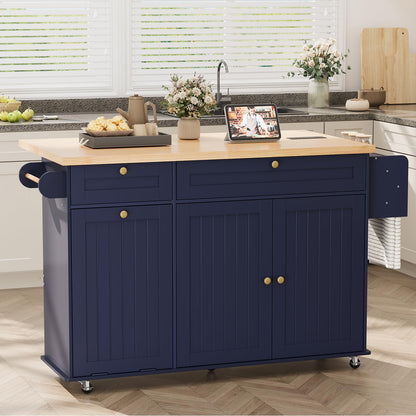 ComfyCorner 60" Rolling Large Kitchen Island on Wheels with Extendable Table, Drop Leaf & Power Outlet, Mobile Kitchen Cart with Storage Cabinet, 2 Drawers, Spice Rack, Towel & Knife Holder, Blue