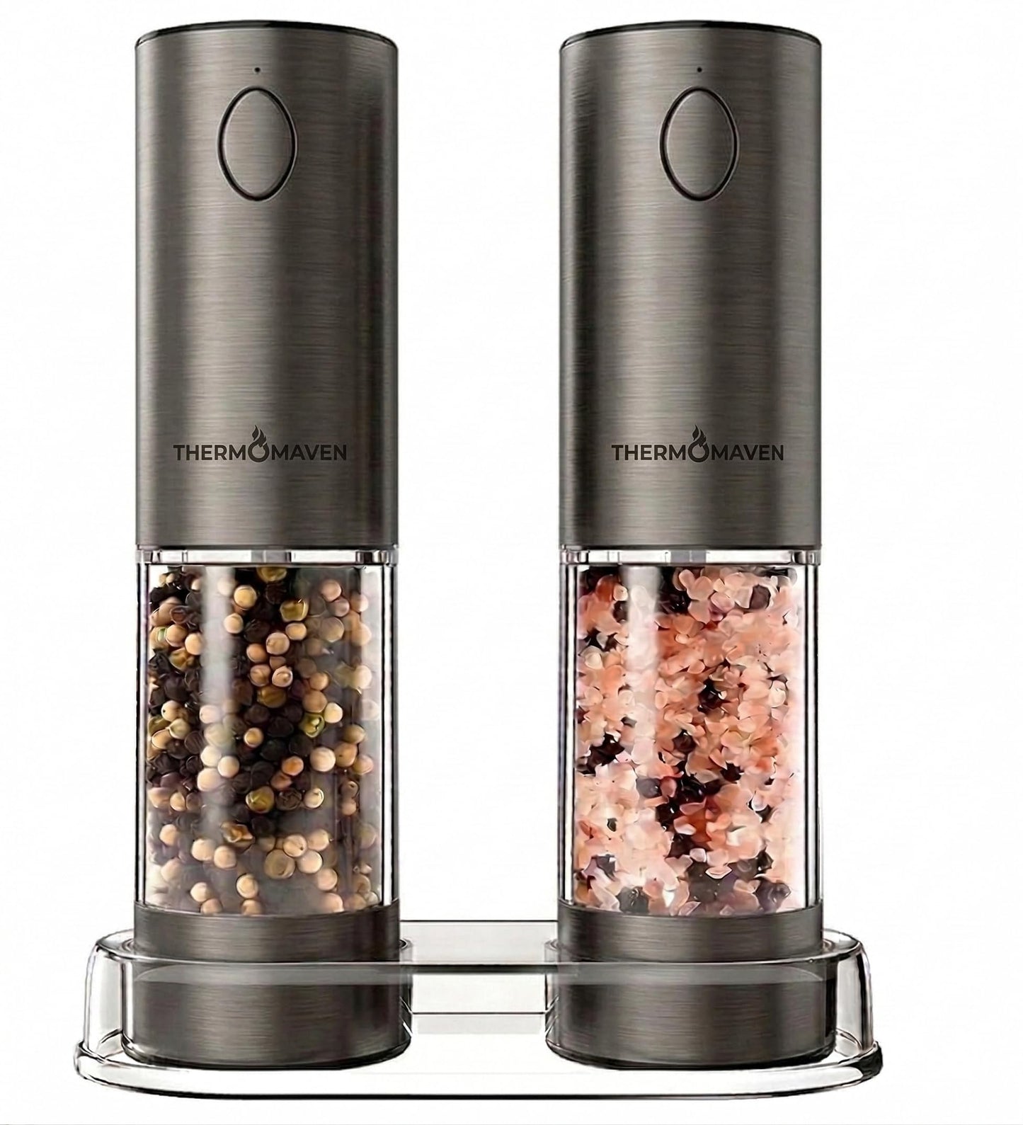 ThermoMaven Electric Salt and Pepper Grinder Set, 110ml Larger Rechargeable Automatic Salt and Pepper Mill Grinder with 6 Adjustable Coarseness, Electric Salt and Pepper Shakers, LED, Gun Grey