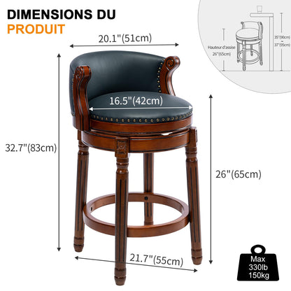 AULIFE Cow top Leather Wooden Bar Stools, 26" Bar Height Bar Chair with Back, 180 Degrees Swivel Barstools Chair for Home Kitchen Counter,Dining Room (Dark Blue 1pc, Counter Height-Seat Height 26”)