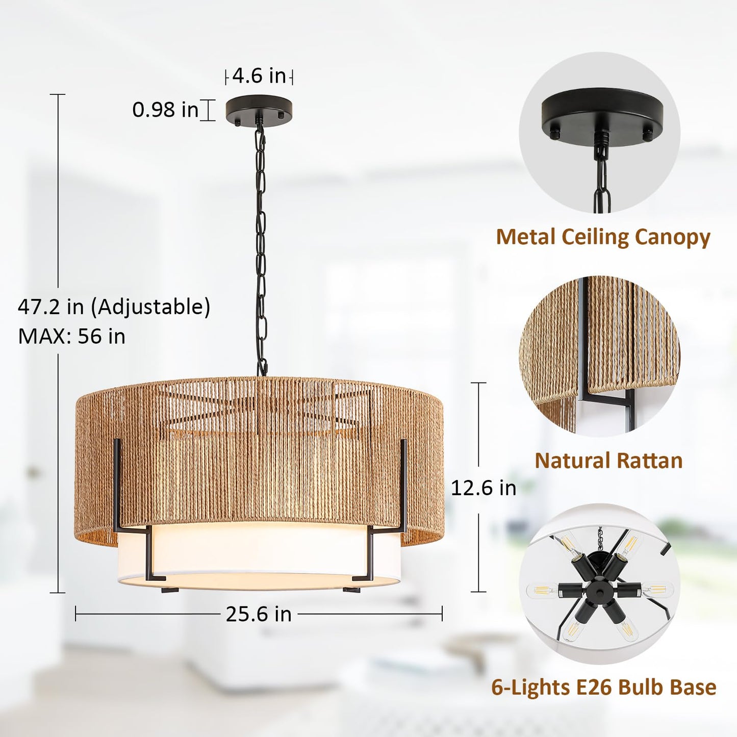 25.6" Large Rattan Chandelier, 6-Light Boho Pendant Light with Fabric Shade, Farmhouse Rattan Hanging Ceiling Light Fixture for Dining Room, Living Room, Kitchen Island, Bedroom, Hallway, Foyer