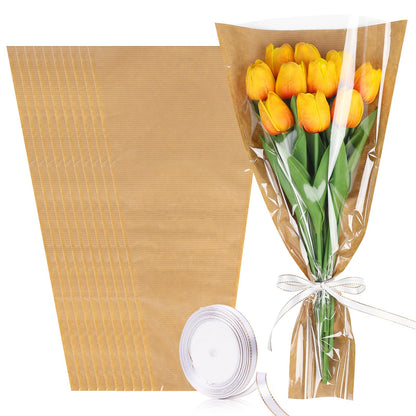 DIYASY 50 Pcs Flower Wrapping Bags for Bouquets, Kraft Paper Floral Packing Sleeves with Ribbons Florist Wrap Supplies for Wedding Mother's Day Graduation Gift 9.8x3.9x17.9 Inch