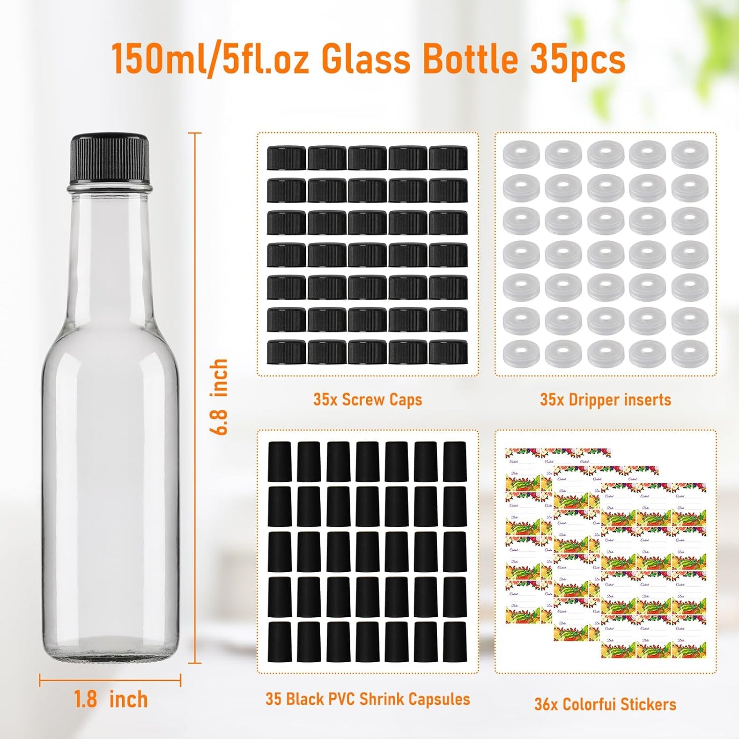 35 Pack 5 oz Woozy EkkoVla Clear Glass Hot Sauce Bottle with Black Caps and Orifice Reducers, Clear Bottles Empty Wine