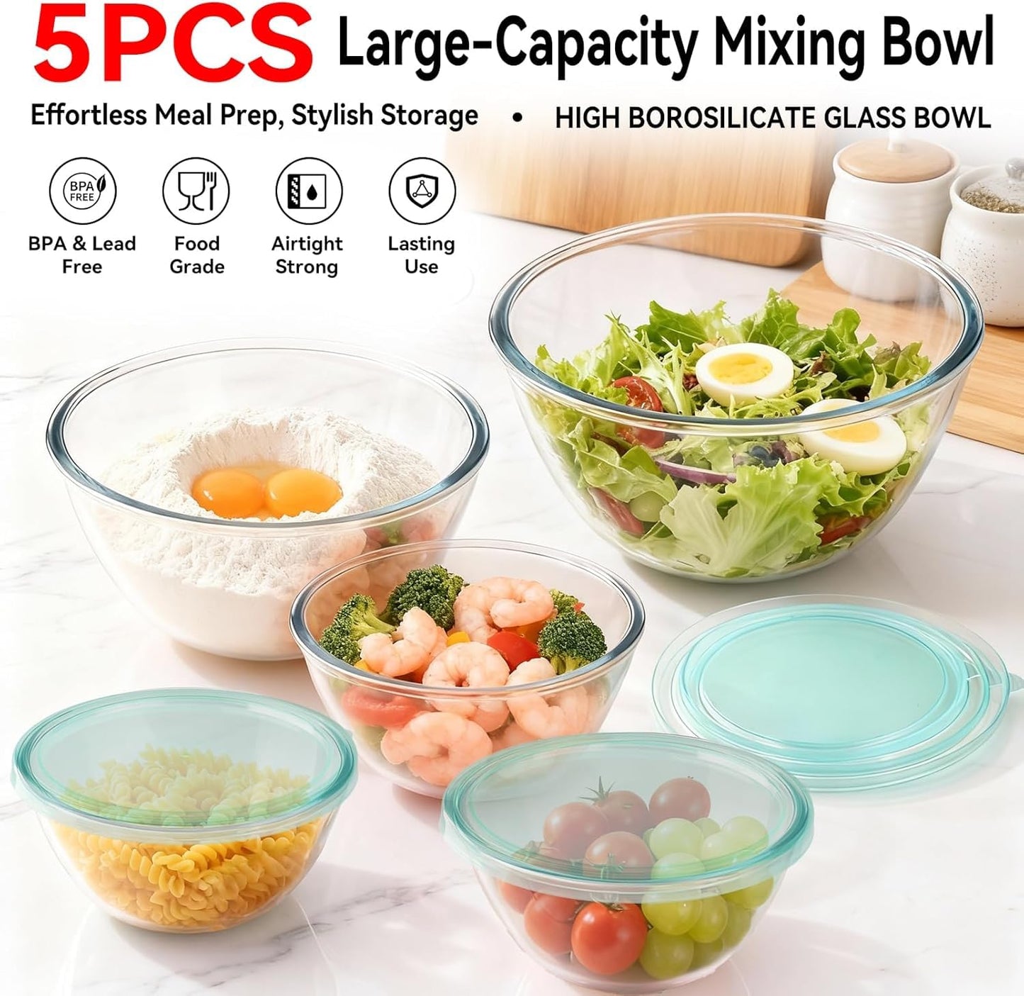 YUANYE 5 Pack Glass Mixing Bowls with Lids Set (5/2.5/1.5/0.9/0.6QT), Thick Glass Large Salad Bowl Set, Nesting Kitchen Bowls for Serving, Prepping, Cooking and Baking, Dishwasher,Oven,Microwave Safe