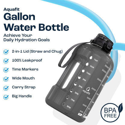 AQUAFIT 1 Gallon Water Jug with Time Marker - BPA Free 128 oz Gym Water Bottle with Straw, Handle, Gray