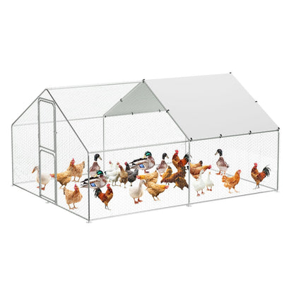 Large Metal Chicken Coop Run,Outdoor Walk-in Cage Peak Hen House with Waterproof and Anti-Uv Cover,Spire Roof Hen House with Security Lock for Outdoor and Backyard,Farm 9.8 x 13.1 x 6.6 ft