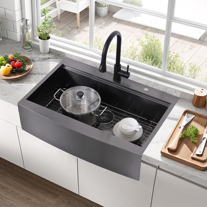 VC CUCINE 33x22 Inch Drop In Gunmetal Black Farmhouse Sink, 16 Gauge Stainless Steel Single Bowl Apron Front Workstation Farm Sink With Accessories