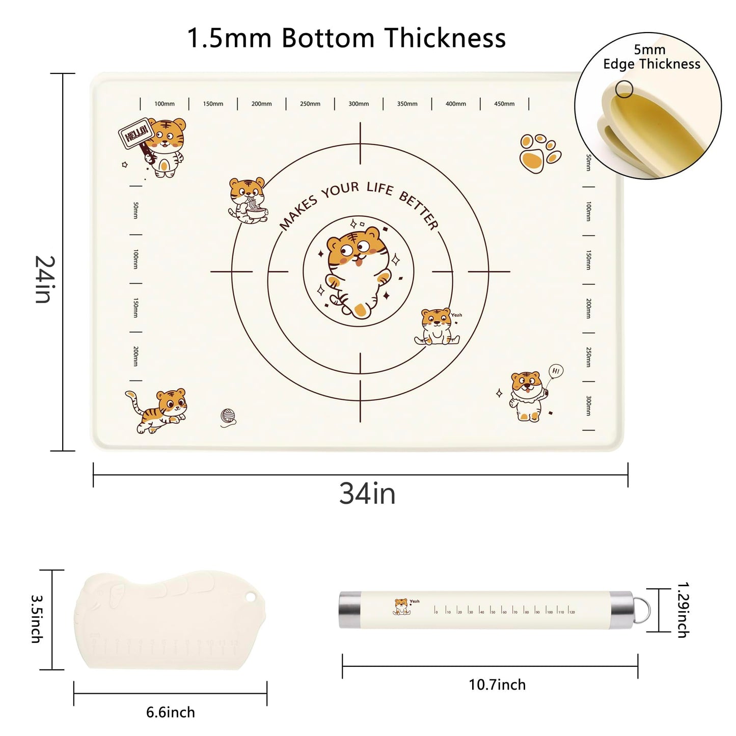 COOKSTYLE 34x24 Inch Extra Thick Silicone Pastry Board, Silicone Baking Mat with Measurements, Non-slip Silicone Mat, Kneading Counter Mat, Non-Stick Dough Mat with Edge Heightening
