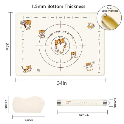 COOKSTYLE 34x24 Inch Extra Thick Silicone Pastry Board, Silicone Baking Mat with Measurements, Non-slip Silicone Mat, Kneading Counter Mat, Non-Stick Dough Mat with Edge Heightening