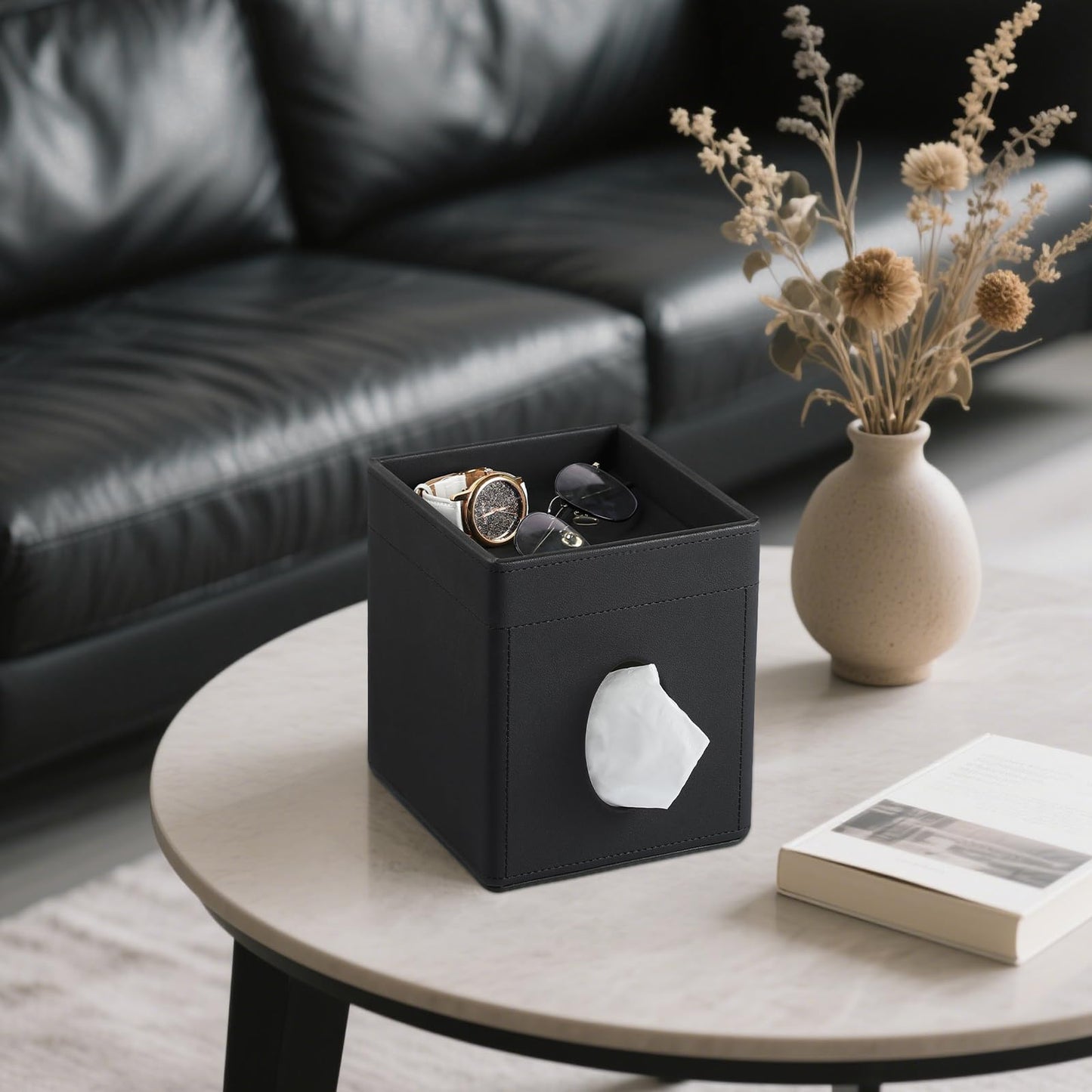 Cretkhp Tissue Box Cover, PU Leather Square Tissue Box Holder with Storage Tray for Bathroom Vanity Countertop Night Stands Bedroom Office Desk, Stylish Tissue Holder Decorative Organizer (Black)