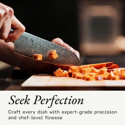 Made In Cookware | 3-piece Japanese Damascus Steel Knife Set (Includes Gyuto, Nakiri and Santoku) | 66 Layers of Damascus Steel with a VG-10 Core | Crafted in Japan | Full Tang With Black POM Handle
