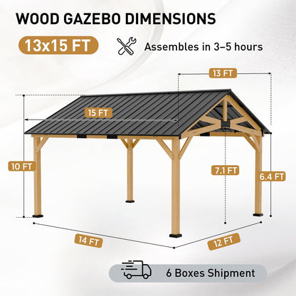 EAGLE PEAK 13x15 Hardtop Gazebo, Exposed Beam Rustic Gazebo, Galvanized Steel Gable Roof with Cedar Wood Frame, Outdoor Pavilion for Patio, Deck, Lawn and Garden Natural Wood/Black