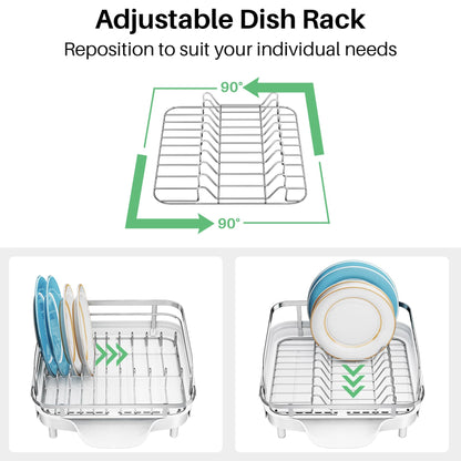 SNTD Dish Drying Rack, Expandable Dish Rack for Kitchen Counter, Stainless Steel Dish Drainer with Drainboard Set and Utensil Holder (White)