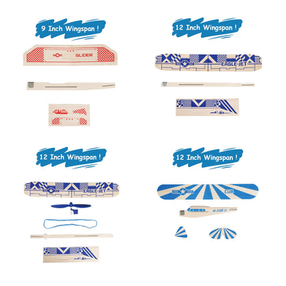 PLAYSTEM Balsa Wood Airplane Kit - 4 Pack Model Gliders & Rubber Band Powered Planes | Outdoor Toy Set for Kids | STEM Learning Airplanes | Easy Assembly No Glue Needed