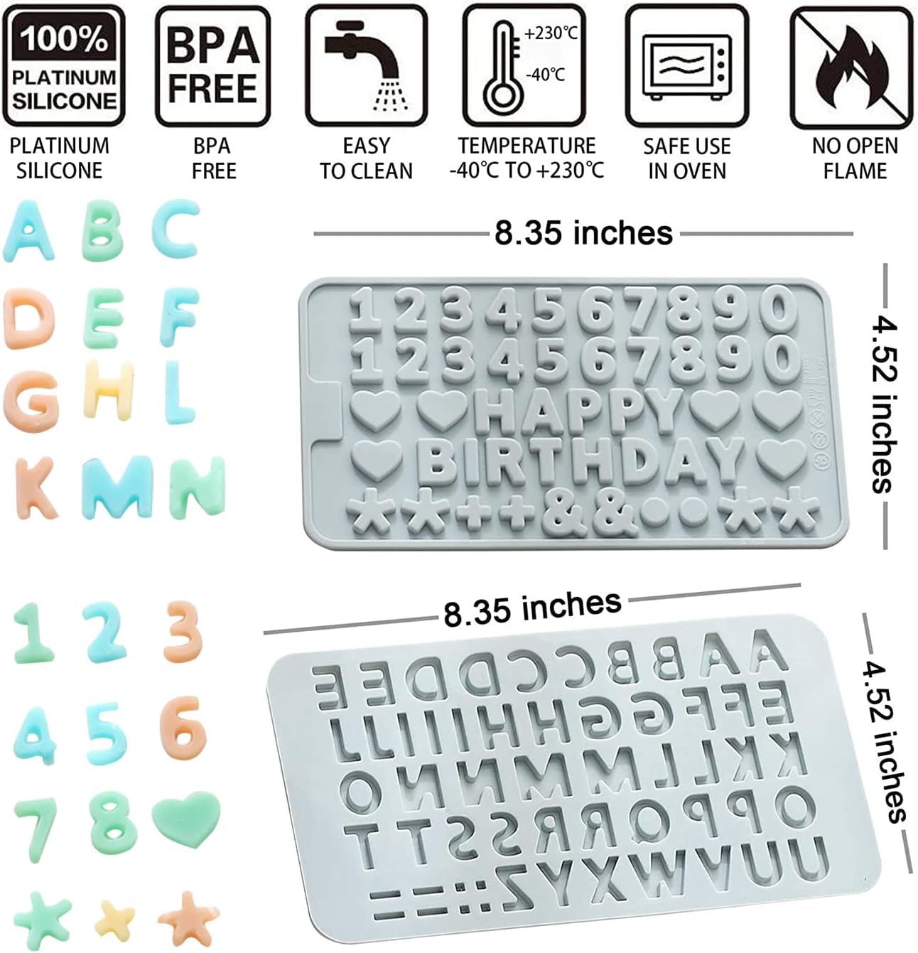 Verdental Silicone Letter and Number Candy Molds Set of 2 Non-stick Chocolate Molds for Happy Birthday Cake Decorations