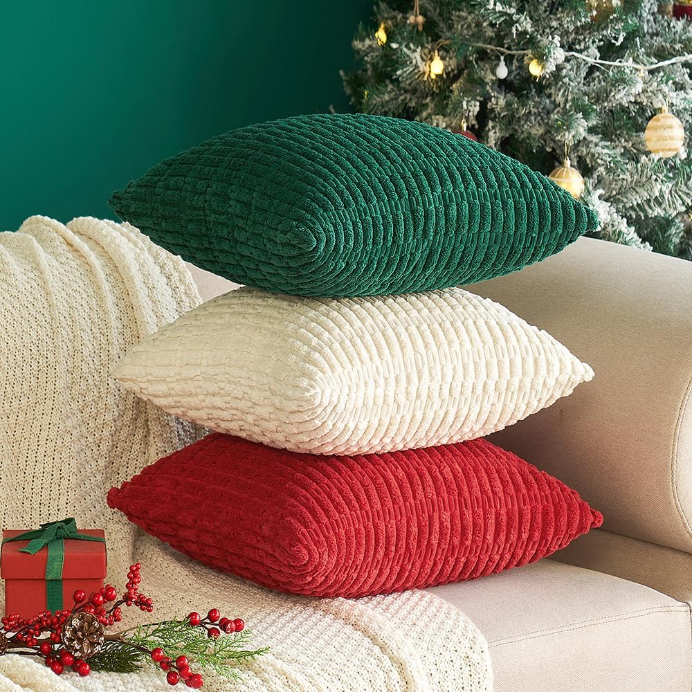 MIULEE Dark Green Corduroy Decorative Pillow Covers - Soft Boho Striped 18x18 Inch | Modern Farmhouse Decor