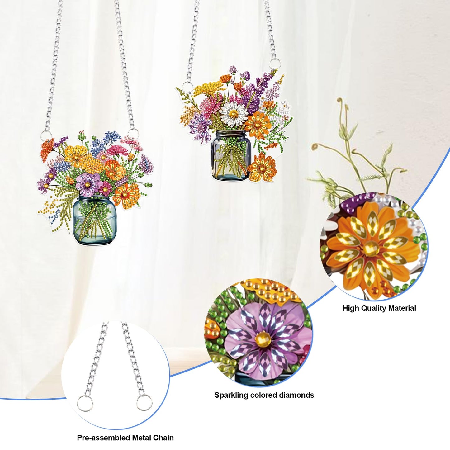 2 Pcs 5D DIY Diamond Painting Hanging Ornaments, Floral Bouquet Jar Design, Special Shaped Acrylic Diamond Art Suncatchers for Window or Wall Decor