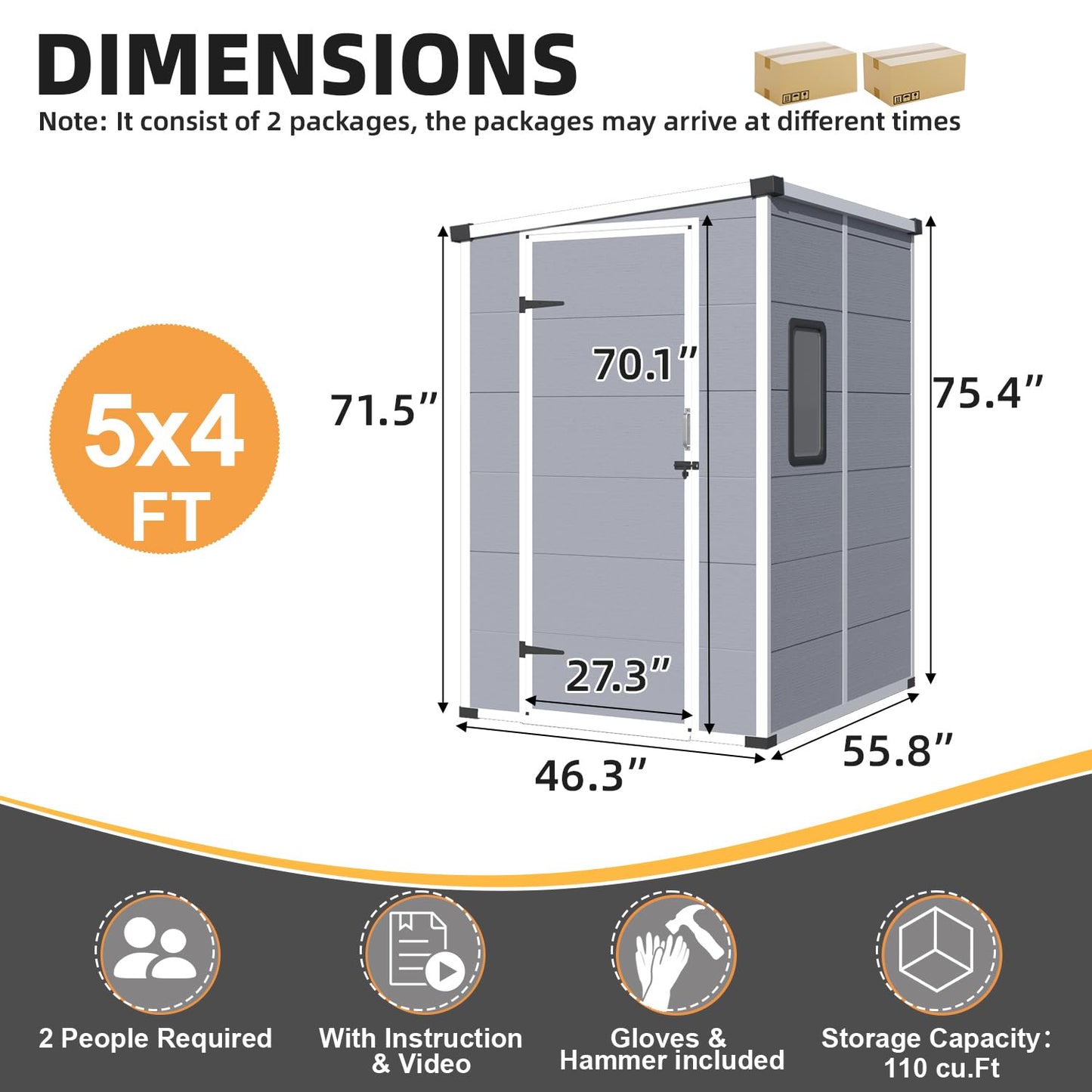 MELLCOM 5 x 4 FT Outdoor Storage Tool Shed with Windows and Lockable Door, Resin Outdoor Storage Shed with Floor, Resin Garden Shed for Garbage Can, Lawnmower, Bike