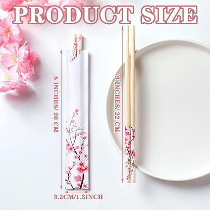 Suttmin 50 Pairs Cherry Blossom Chopsticks Bulk with Sleeved Blue Flower Disposable Bamboo Eucalyptus Chopsticks Wedding Favors Chinese Japanese Food Supply for Takeout Picnic(Cherry)